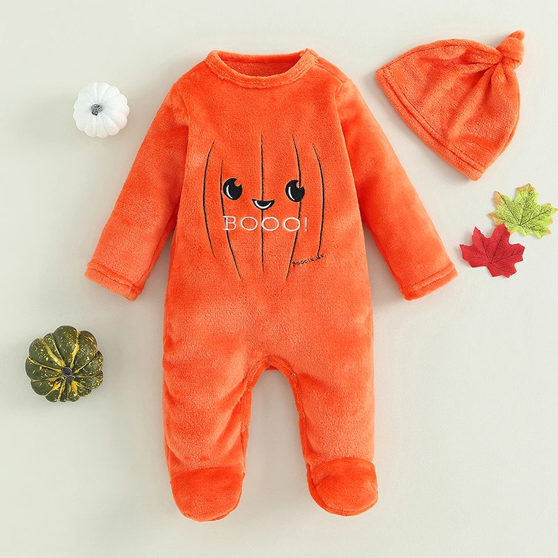 2023-07-01 Lioraitiin 0-18M Toddler Baby Boy Girl Halloween Rompers 2Pcs Pumpkin Pattern Long Sleeve Footed Jumpsuit and Hat