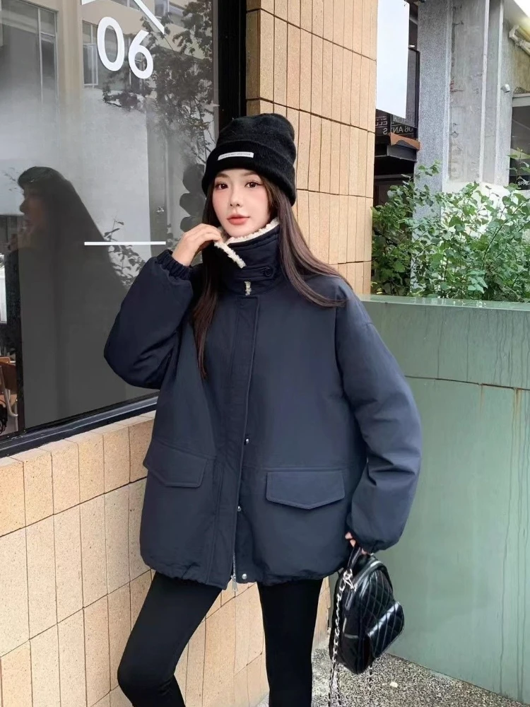 

2025 Autumn Winter Women's Parka Down Jacket with Lamb Fur Hood Casual Work Wear Thickened Insulated Coat Fashion