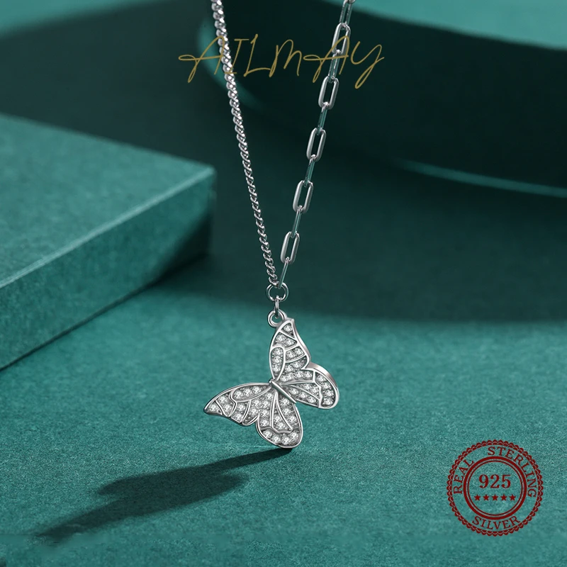 Ailmay Charm Butterfly Pendant Necklace 925 Sterling Silver Clear Zircon Necklace For Fine Female Fashion Korean Jewelry
