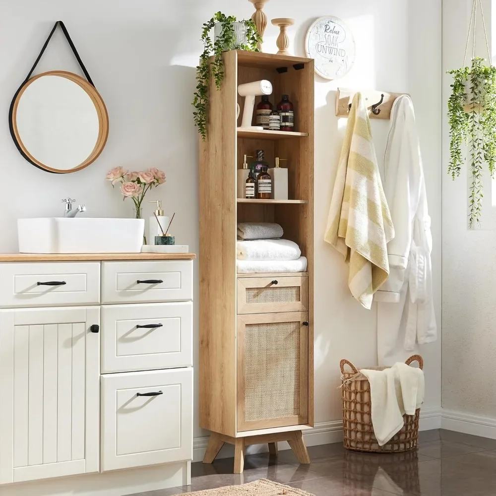 Natural Rattan Narrow Linen,Modern Boho Bathroom Towel Storage Cabinet with Adjustable Shelves and Storage Drawer for Bathroom