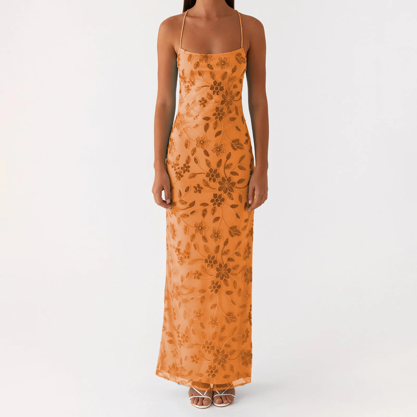 Abito estivo da donna con paillettes glitterate e perline con fiori, abito lungo sottile con spacco alto e cinturino per spaghetti aperto sul retro per party club