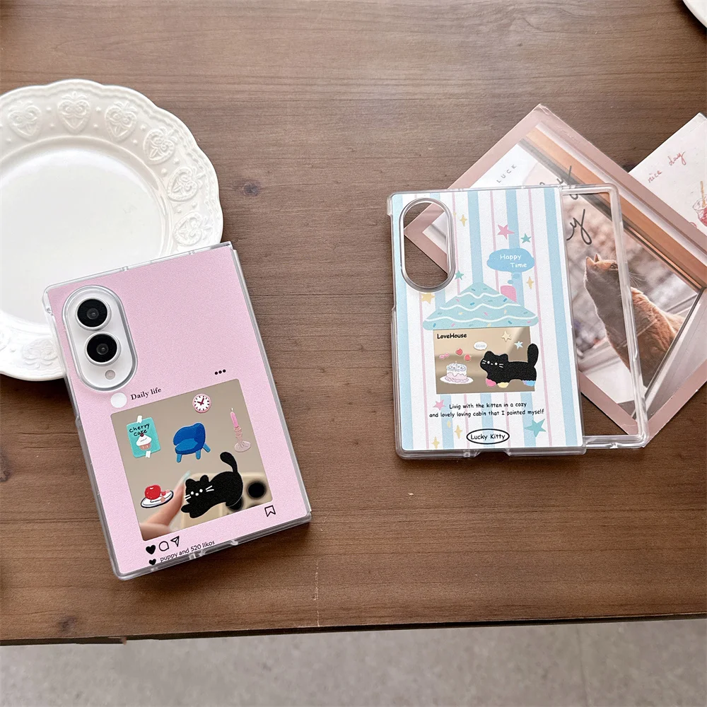 Korea Kawaii mirror black puppy Phone case for Samsung Galaxy Z Fold 8 Cover With Chain fold 8 Shockproof Protective cover
