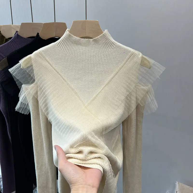 Female Fashion Korean Mesh Spliced Solid Color Sweaters Autumn Winter All-match Slim Long Sleeve Knitted Tops Women's Clothing