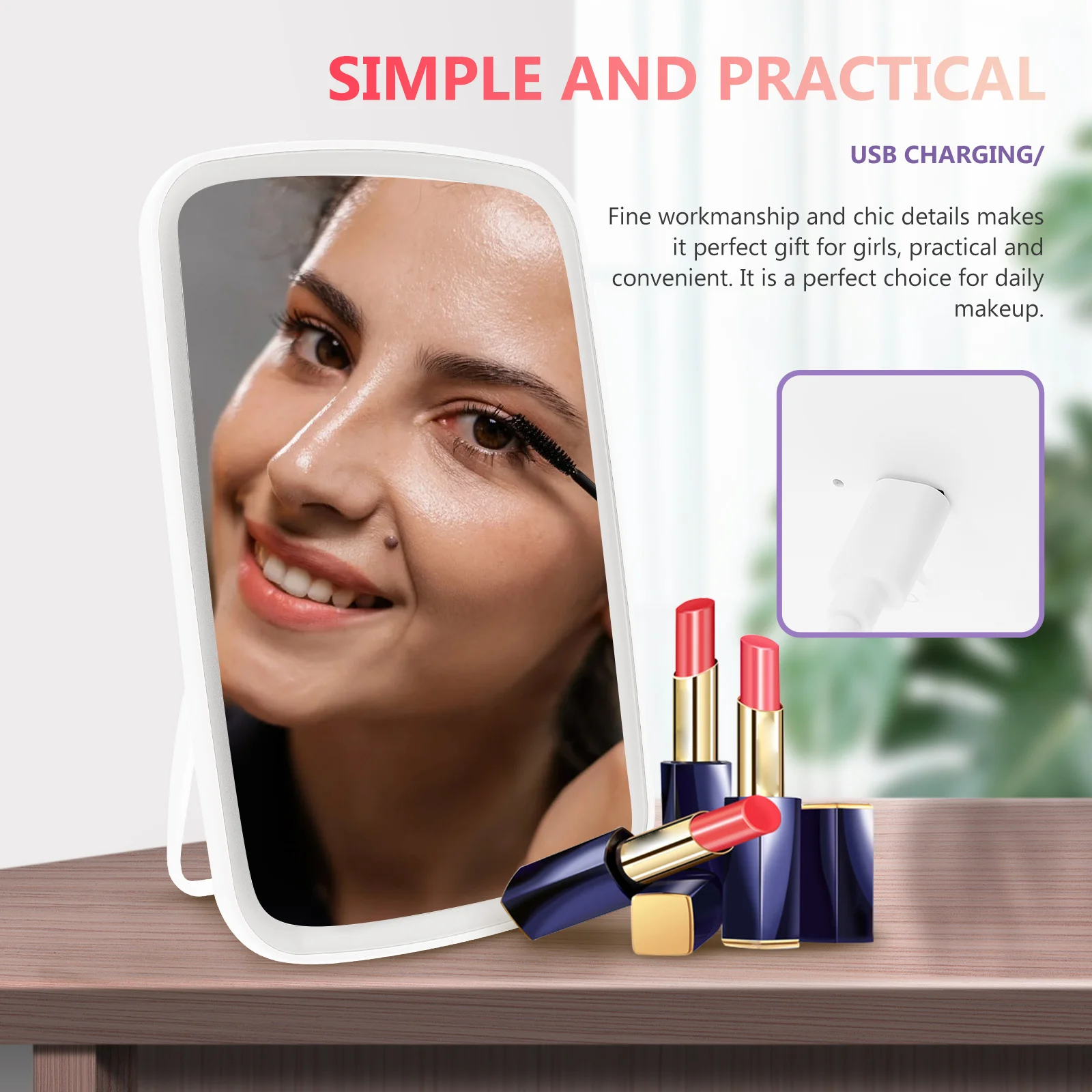 Lusterko do makijażu LED na biurko, trójkolorowe, składane, przenośne, dotykowe, ładowane przez USB, regulowane oświetlenie.