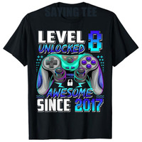 Level 8 Unlocked Awesome Since 2017 8th Birthday Gaming T-Shirt Boys Fashion Sons Nephews Bday Gifts Video Gamer Saying Tee Tops