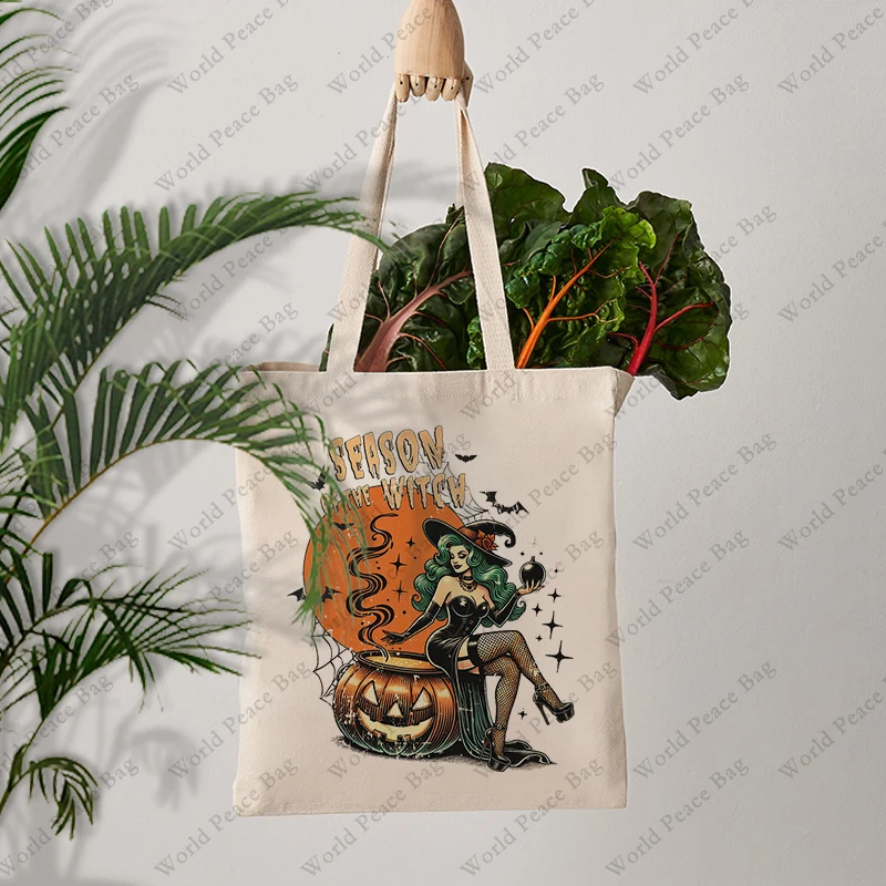 1 pc Halloween Witch patternTote Bag borsa a tracolla in tela per il viaggio borsa per la spesa riutilizzabile da donna per il pendolarismo