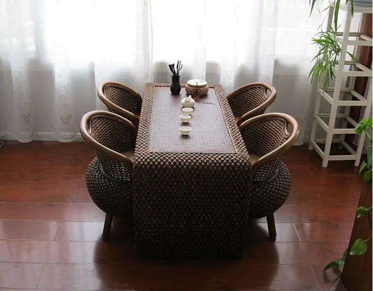 DSA simple rattan living room coffee table antique balcony tea table and chair combination straw kung fu tea table floor