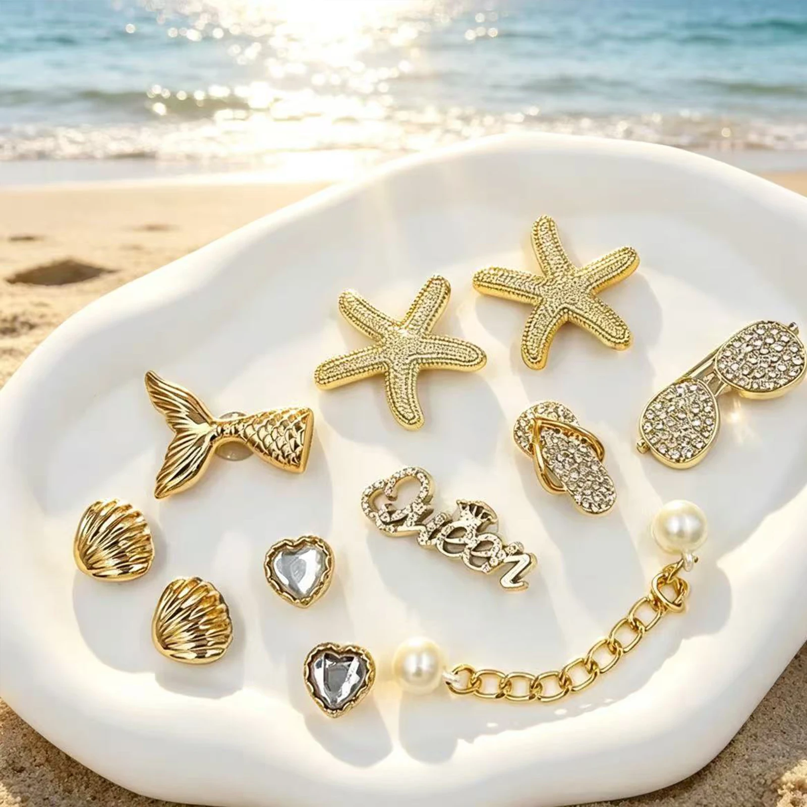 11pcs Ocean Gold Shoe Charms, Starfish Shell Beach Shoe Charms for Women, Summer Vacation DIY Shoe Decoration for Sandals Slides