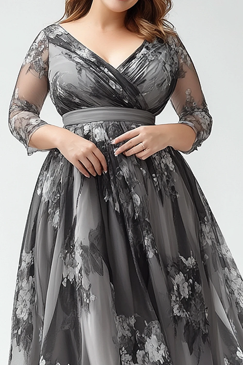 Flycurvy Vestido largo con estampado floral y envoltura de organza gris oscuro para madre de la novia de talla grande