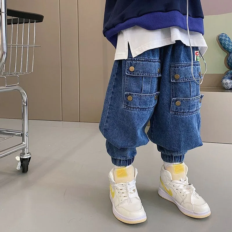 

Autumn Boys' Cargo Pants - Durable Denim Jeans for Kids, Streetwear Style, Comfortable & Trendy
