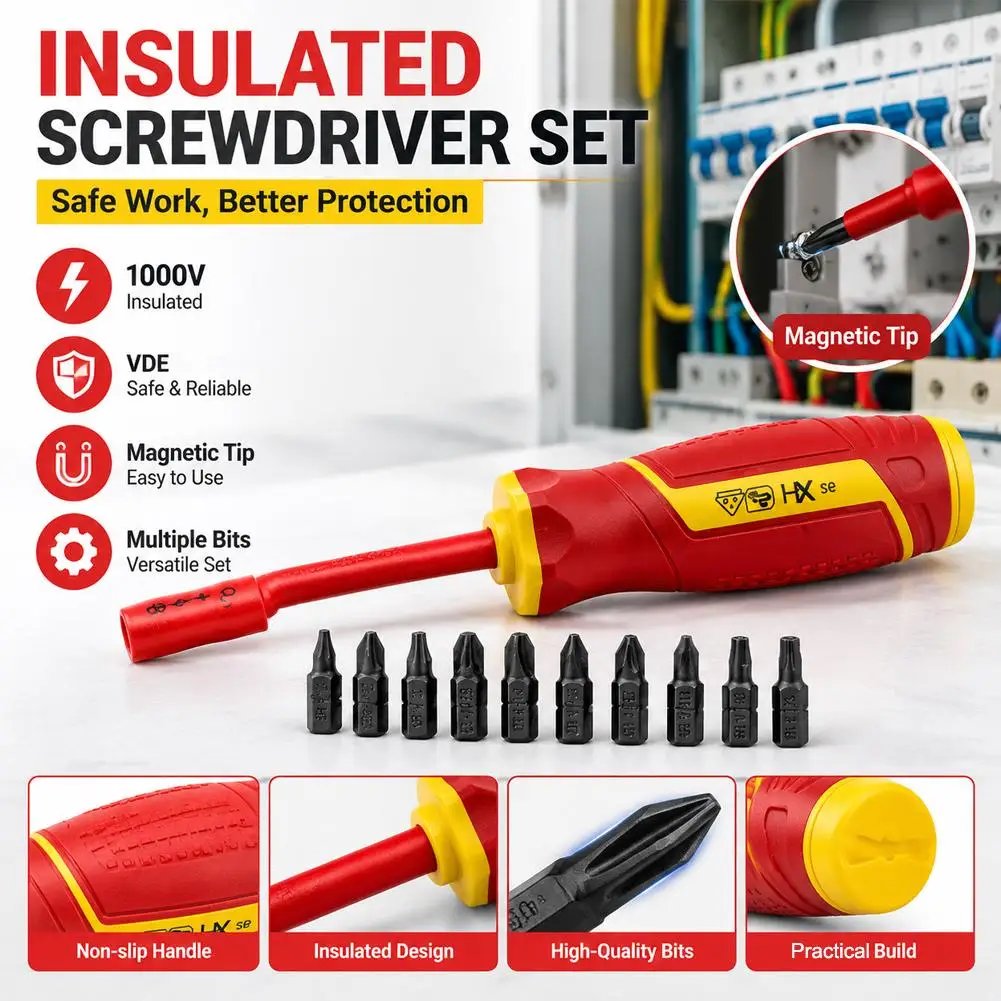 Insulated Screwdriver Set Magnetic Phillips Slotted Bits Interchangeable Multi-Purpose Electrician Tool Motorcycle Repair