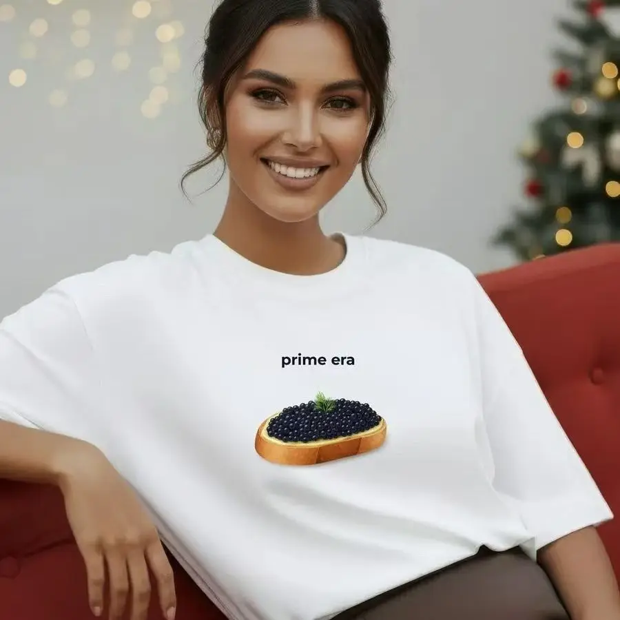 Prime Era Caviar Printed White Simple Design T-shirt Women's O-neck Short Sleeve Y2k Casual Tshirt Summer Tees Female Clothes