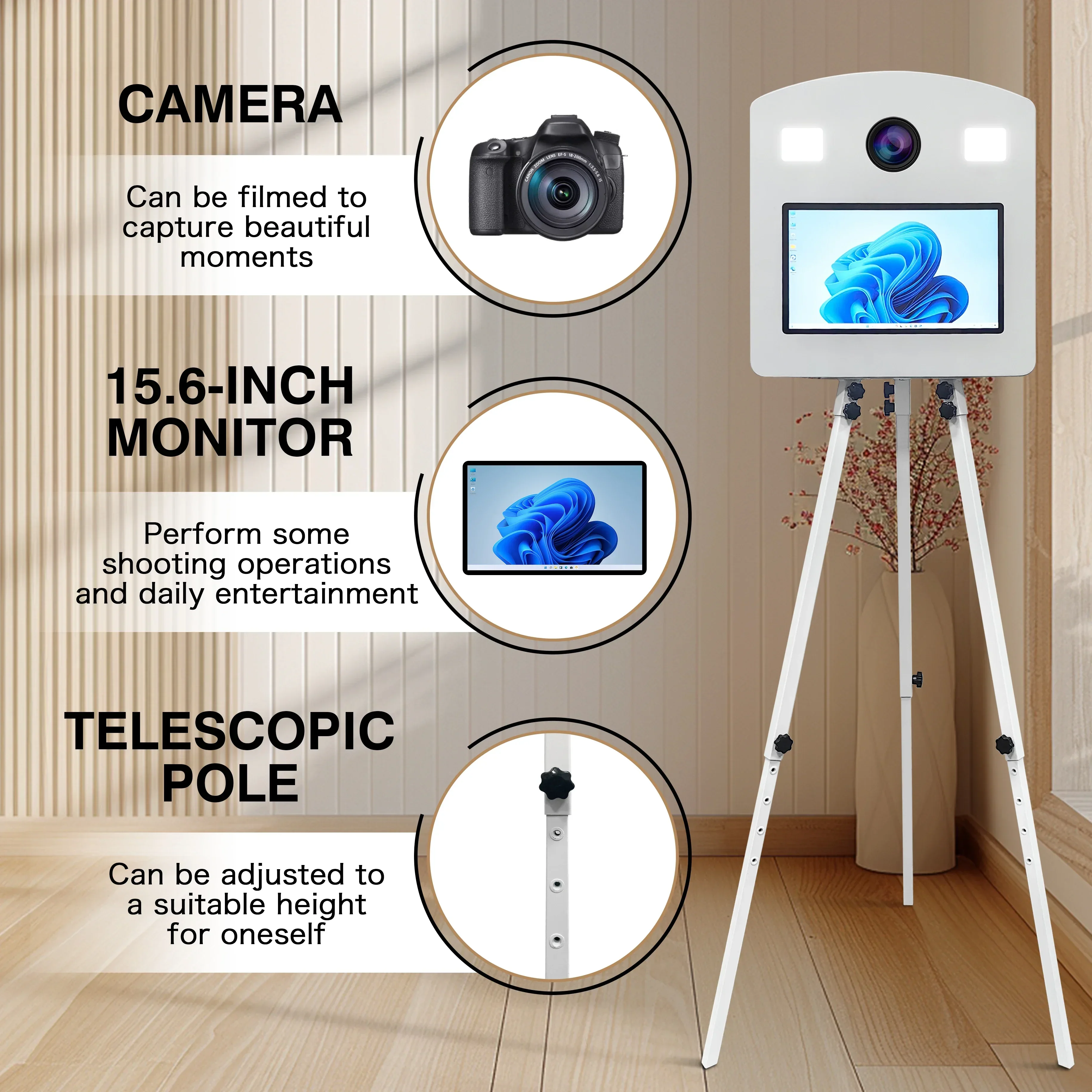 2025 new adjustable tripod Dslr Photo Booth with Magic mirror plate photobooth 15.6 inch Dslr selfie Photo Booth touchscreen