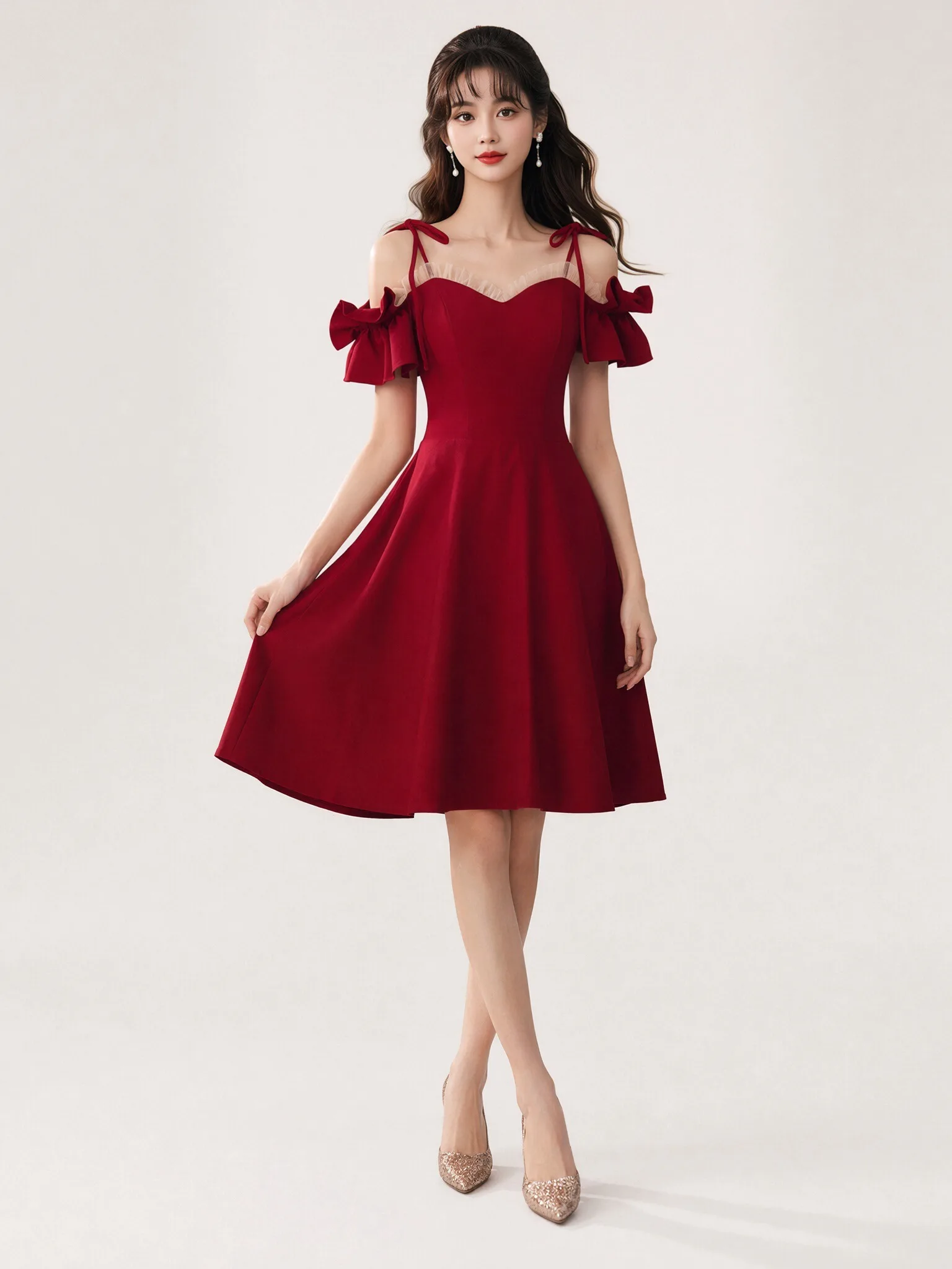 Red Wine Color One Shoulder Short Waist Cinched Dress Luxury Small Luxury Lady Style Return Home Dress French Style Splice