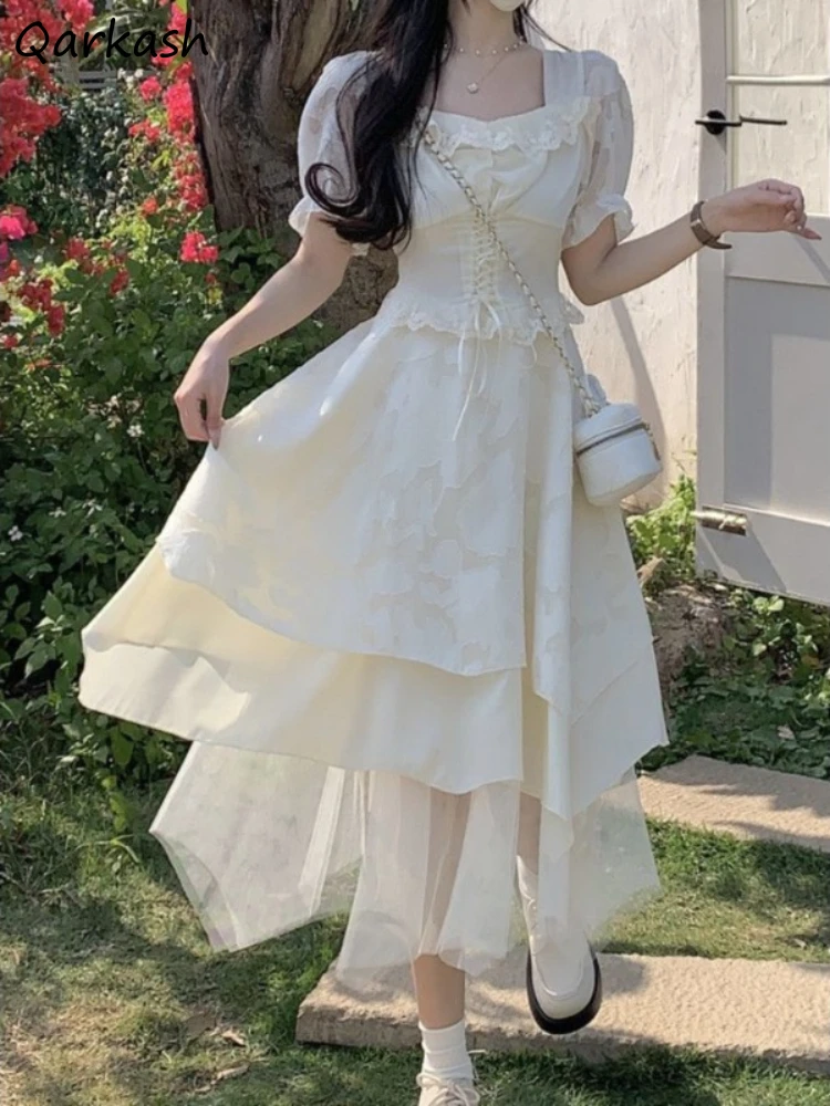 

Princess Dresses for Women Puff Sleeve Solid Fit and Flare Mid-calf Summer Elegant Square Collar Lace-up Ins Design Beauty Sweet