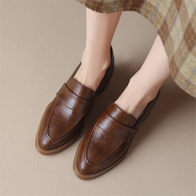 New Autumn Winter Short Plush Split Leather Loafers Pointed Toe Chunky Heel Women Pumps Shoes for Women Concise Ladies Shoes