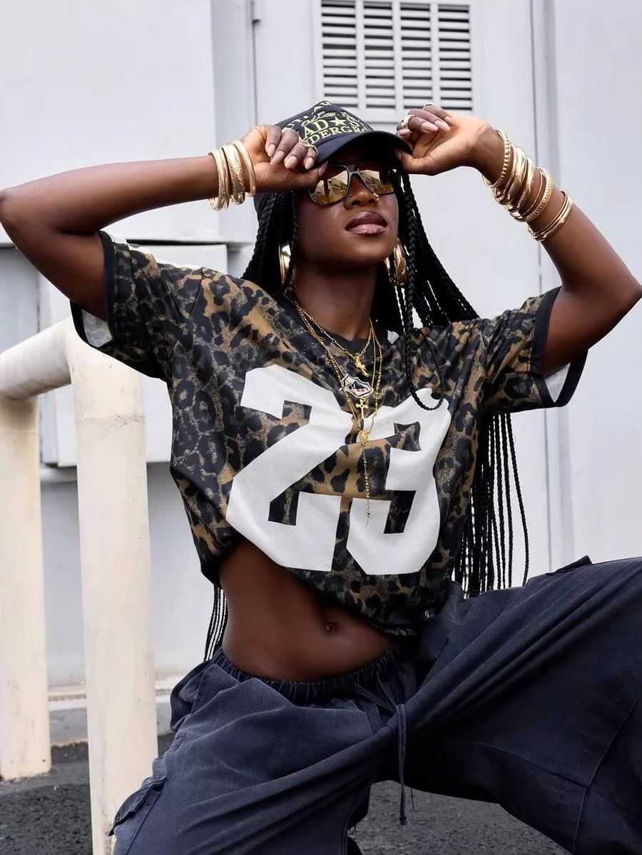 Summer Street Hip-Hop Style Sporty V-Neck Short Sleeved Leopard Print Lettering Pattern Loose Quick-Drying Women's T-Shirt