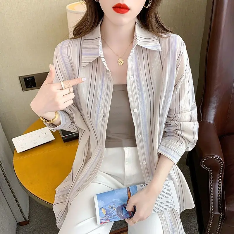 Spring Autumn Striped Contrast Color Shirt Women Turn-down Collar Fashion Long Sleeve Button Patchwork Cardigan Elegant Y2K Tops