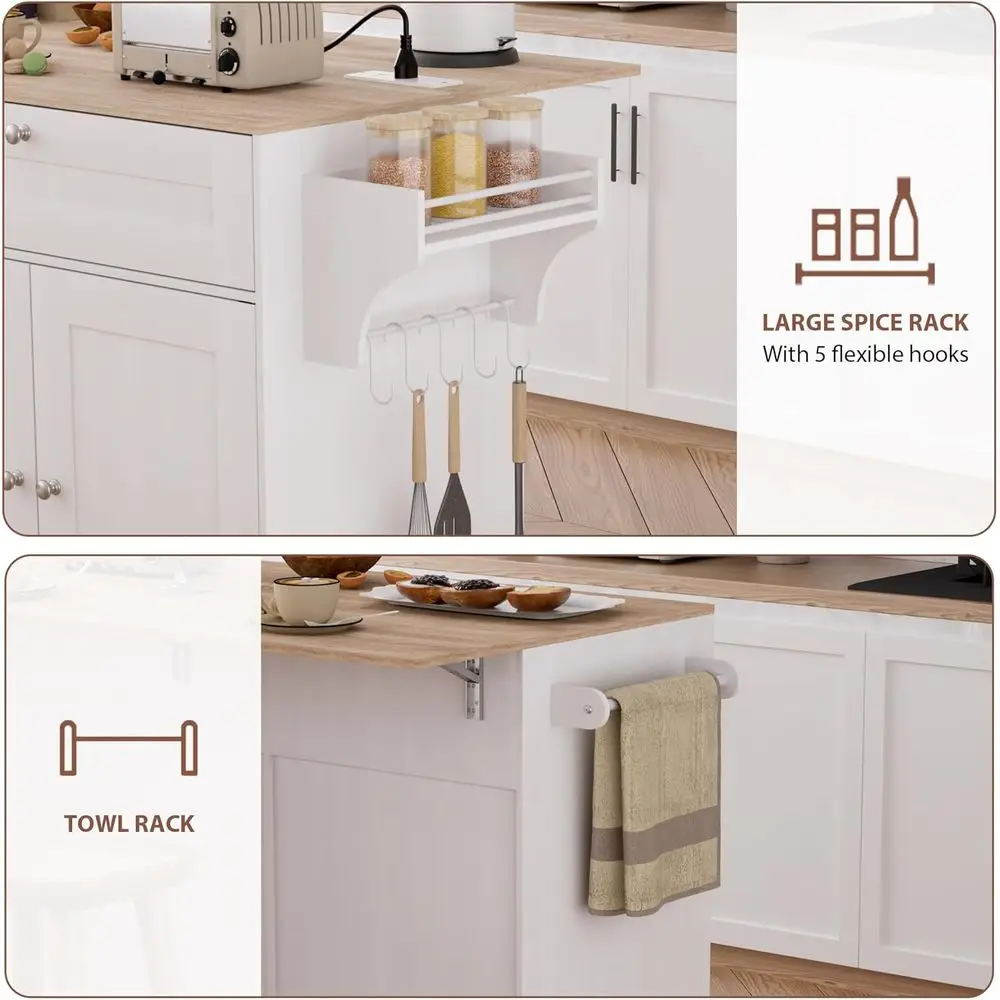 جزيرة مطبخ بيضاء محمولة مع أوراق متدلية، وحدة تخزين، وصندوق قمامة، ومخرج طاقة، ورف توابل على عجلات #4