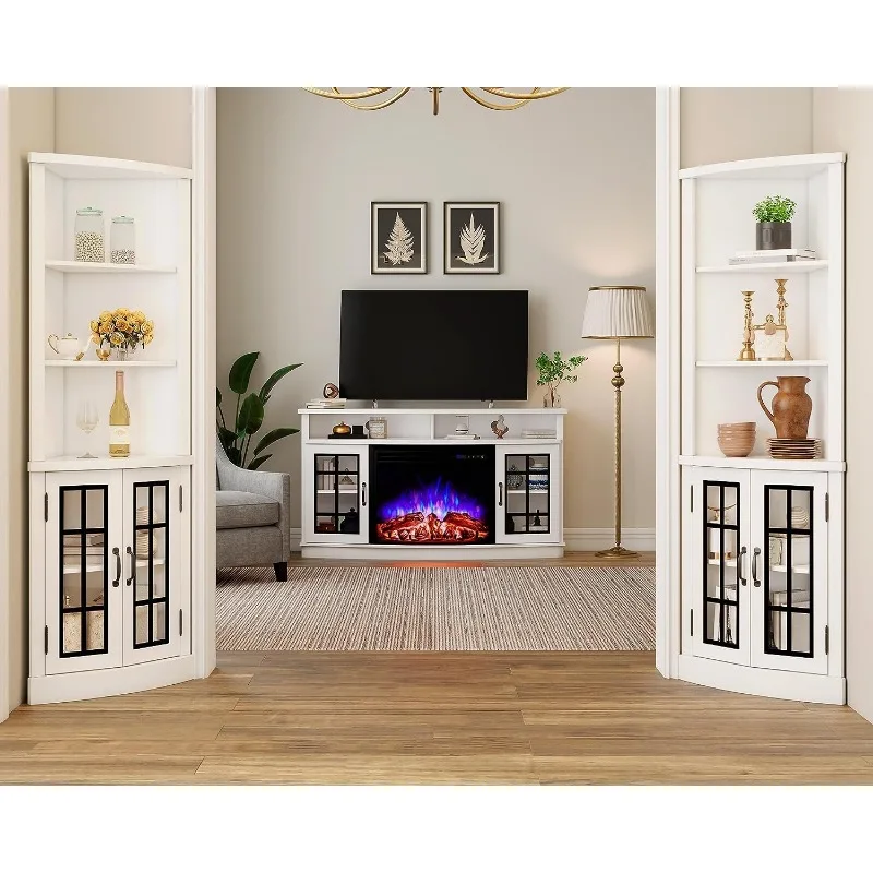 Curved Fireplace TV Stand with 26'' Electric Fireplace, Media Entertainment Center Farmhouse Glass Door Storage Cabinet, Open