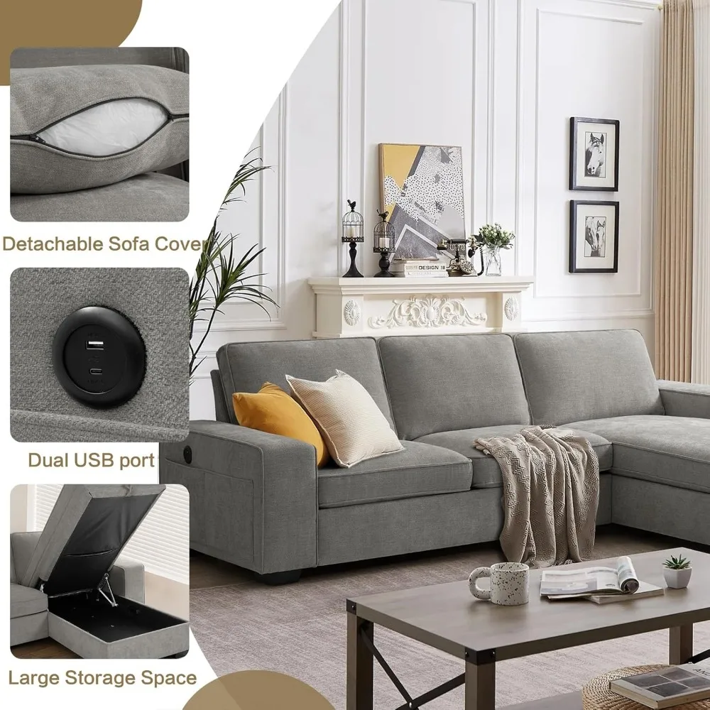 أرائك مقطعية على شكل حرف L من الشنيل لغرفة المعيشة، أريكة وحدات مريحة قابلة للتحويل مع كرسي تخزين للمساحات الصغيرة، منتصف السن