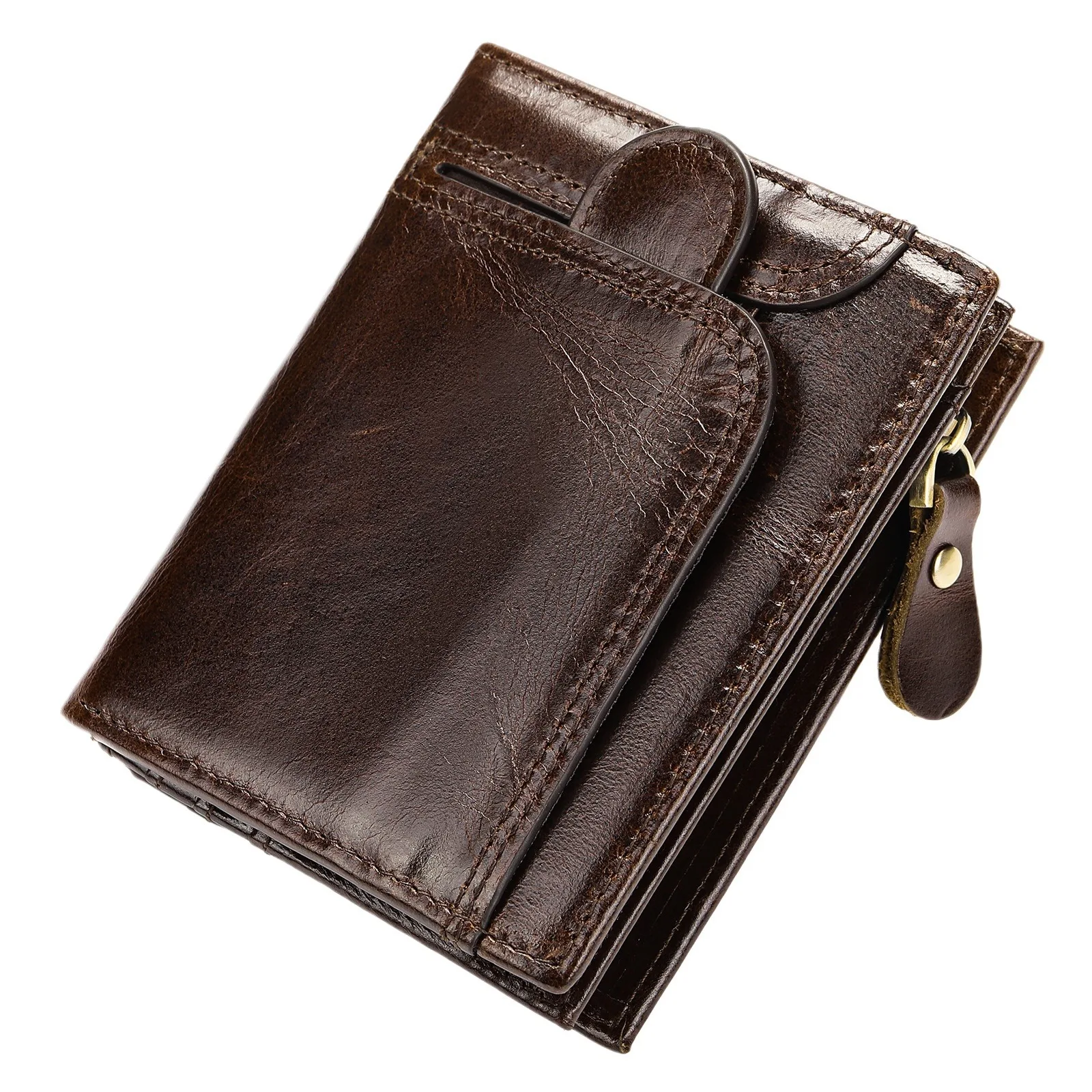 Compact Men Genuine Leather Wallet RFID Blocking Card Holder Purse Vintage Corw Leather Zipper Coin Pocket Bifold Money Clip