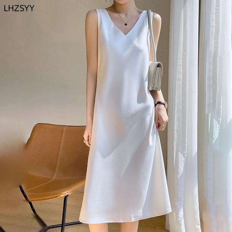 LHZSYY Silk Satin Front/Back V-neck Sling Dress Women's Sleeveless Waistcoat Top Spring Summer New Mulberry Silk Hip Long Skirts