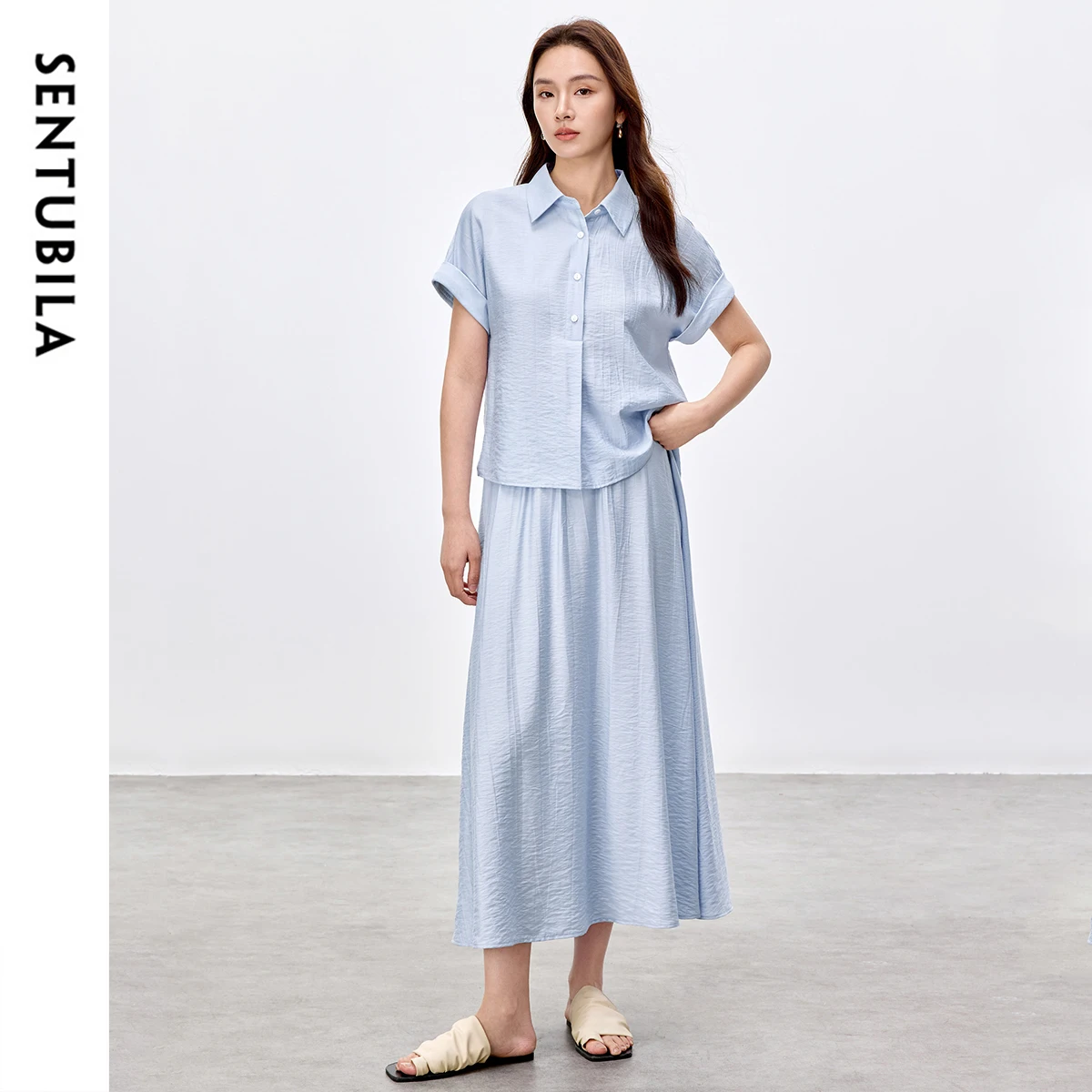 

SENTUBILA Women's Two Piece Turn Down Collar Single Breasted Shirt A-line Elastic Waist Midi Skirt New in Matching Set 152Z59168