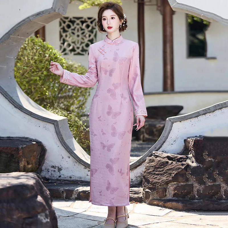Yourqipao Winter Pink Long Sleeved Cheongsam Thickened Keep Warm Modified Retro Qipao Chinese Style Evening Dress for Women