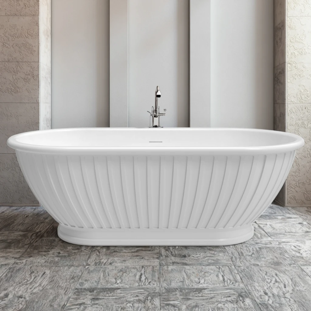 

Modern White Acrylic Freestanding Bathtub Round Oval with Stripes Soaking Function for Bathrooms