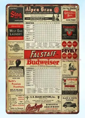 1948 baseball score card metal tin sign