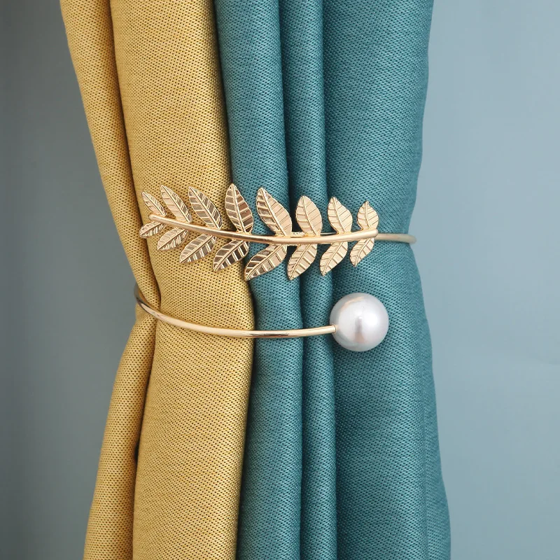 New Light Luxury Curtain Strap Wholesale Metal Leaf Pearl Curtain Buckle Punch-free Strap Curtain Clip Buckle Drop Shipping