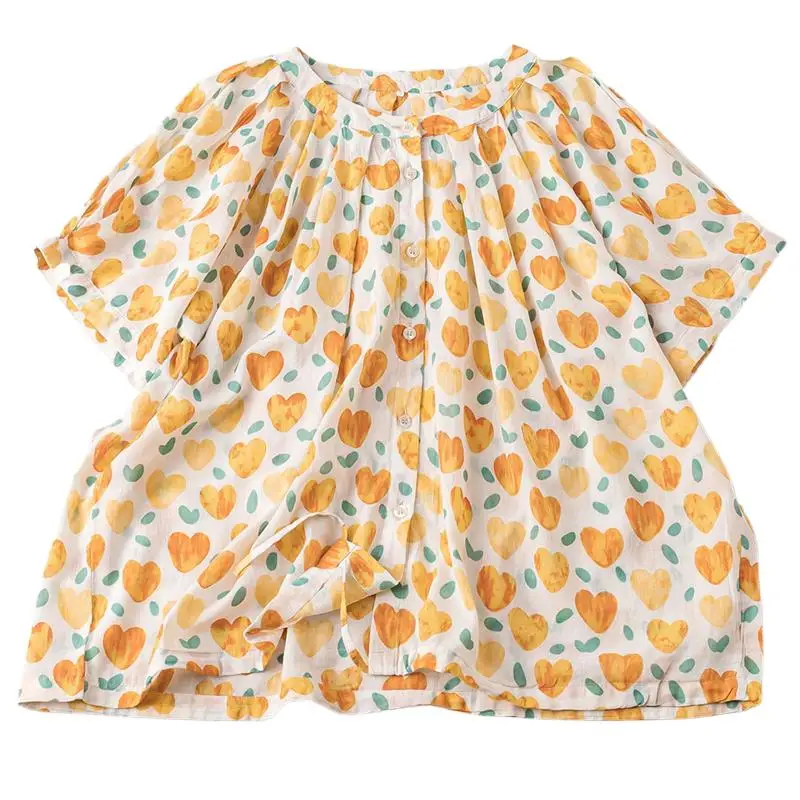 

Summer New Cotton Girlish Round Neck Shirts Short Sleeves Heart Printed Loose Breathable Pastoral Style Button Coats Blouses