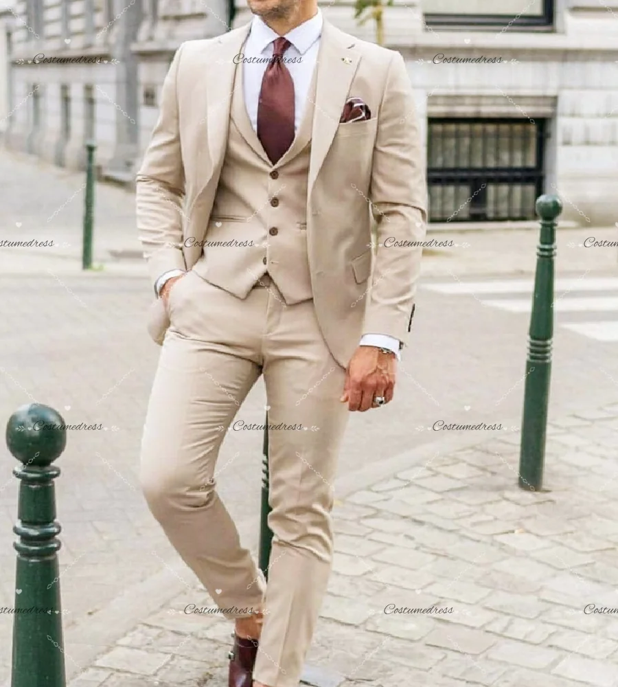 Beige Male Slim Fit Wedding Tuxedo 2026 Blazer Sets For Groom Outdoor Rustic Wedding Suit Elopement Bussiness Prom Suit