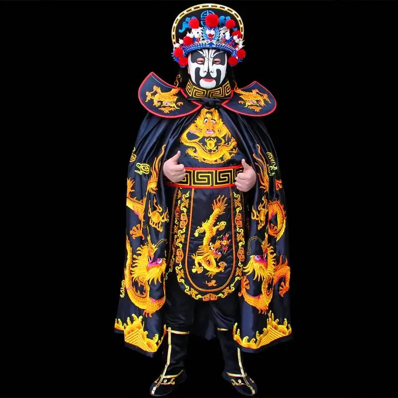 Traditional Chinese Sichuan Opera Face Changing Costume Black Golden Dragon Embroidery Full Set with Headgear Boots Fan view 4