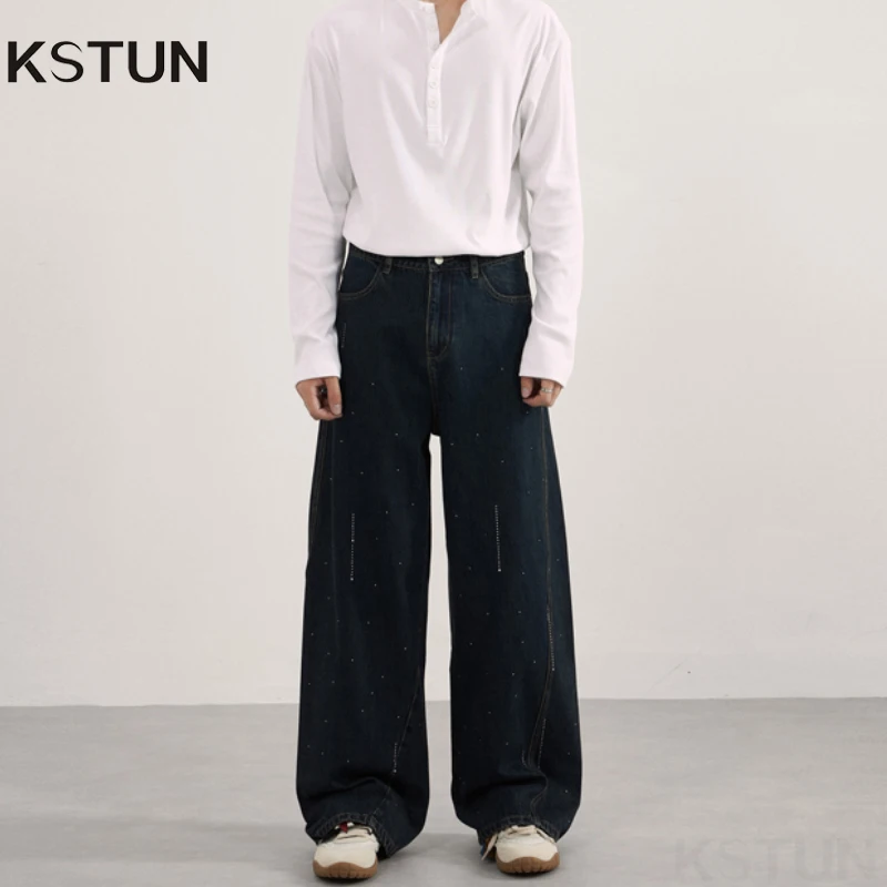 

KSTUN 2025 Jeans For Men Dark Blue Wide Leg Loose Fit American-style Diamond-encrusted Raindrop Design Mens Straight Baggy Pants