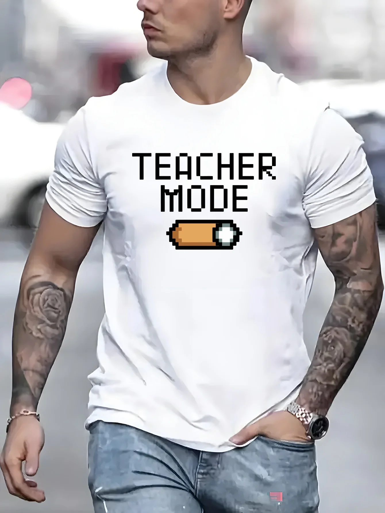 Teacher Men Short Sleeve Tshirt Teacher Mode Pixel Toggle Switch Game Font Print O Neck Tee Educator Male Casual Fashion Tops