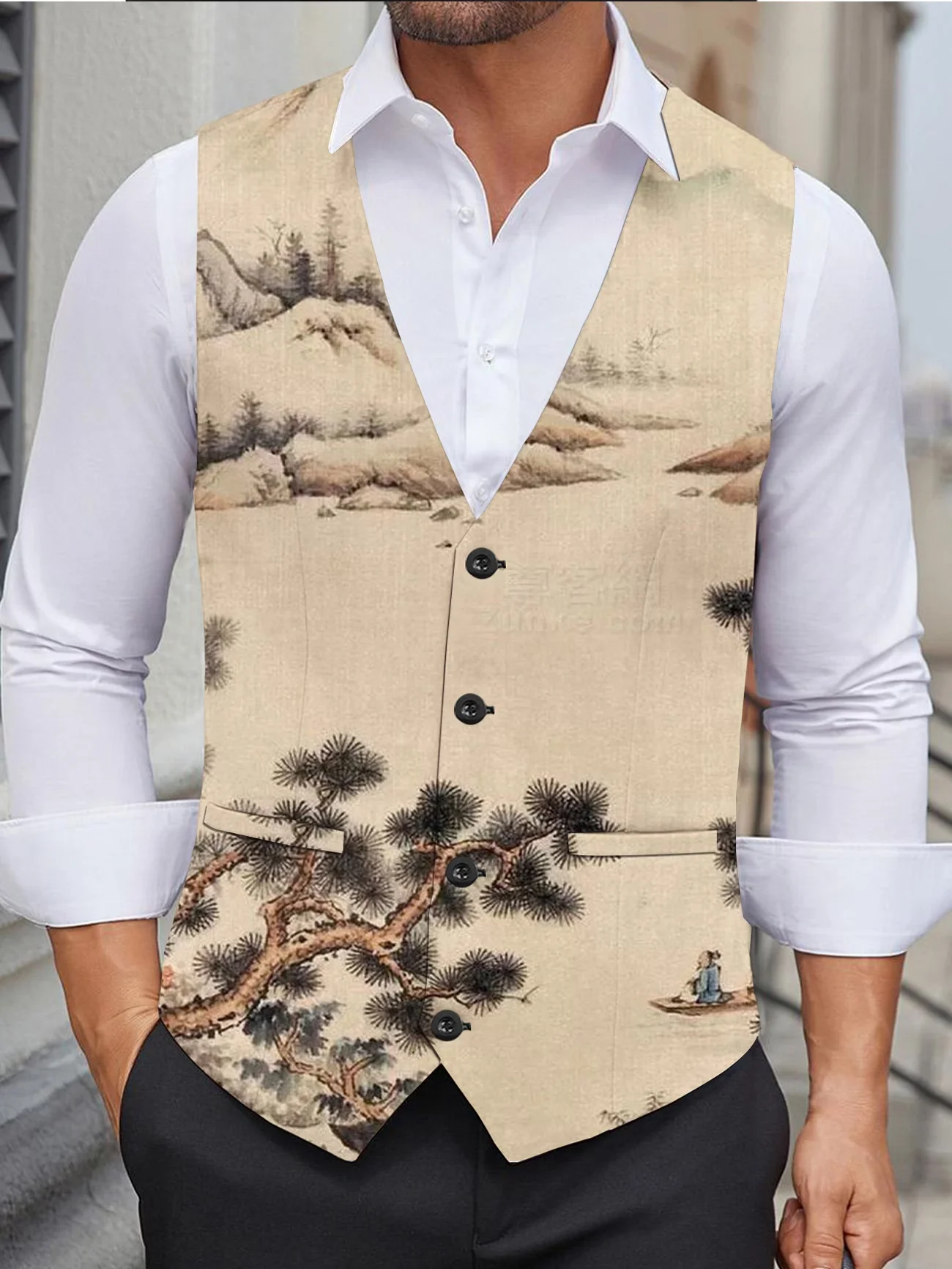 New red background snowflake print men's long sleeved shirt with lapel and single breasted buttons, holiday 1-piece top