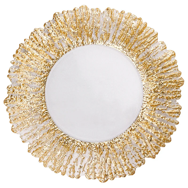 13inch Retro Gold Rim Charger Plate Glass Decorative Service Plate Silver Dinner Dishes Bridal Shower Decor Table Place Setting