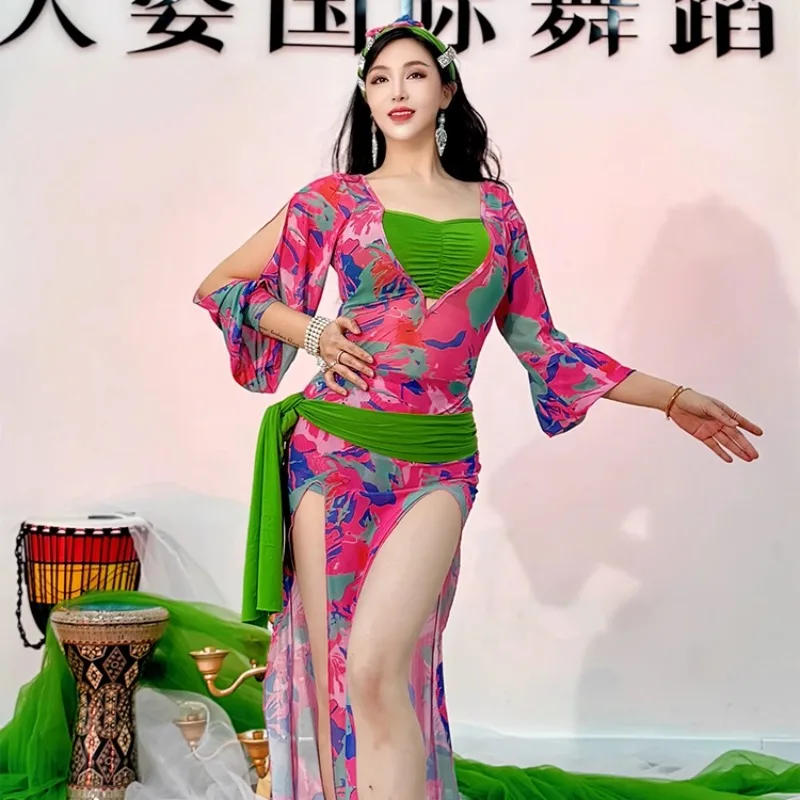 customized belly dance costumes training clothes baladi robe rose green robe color matching large folk unfashionable printing