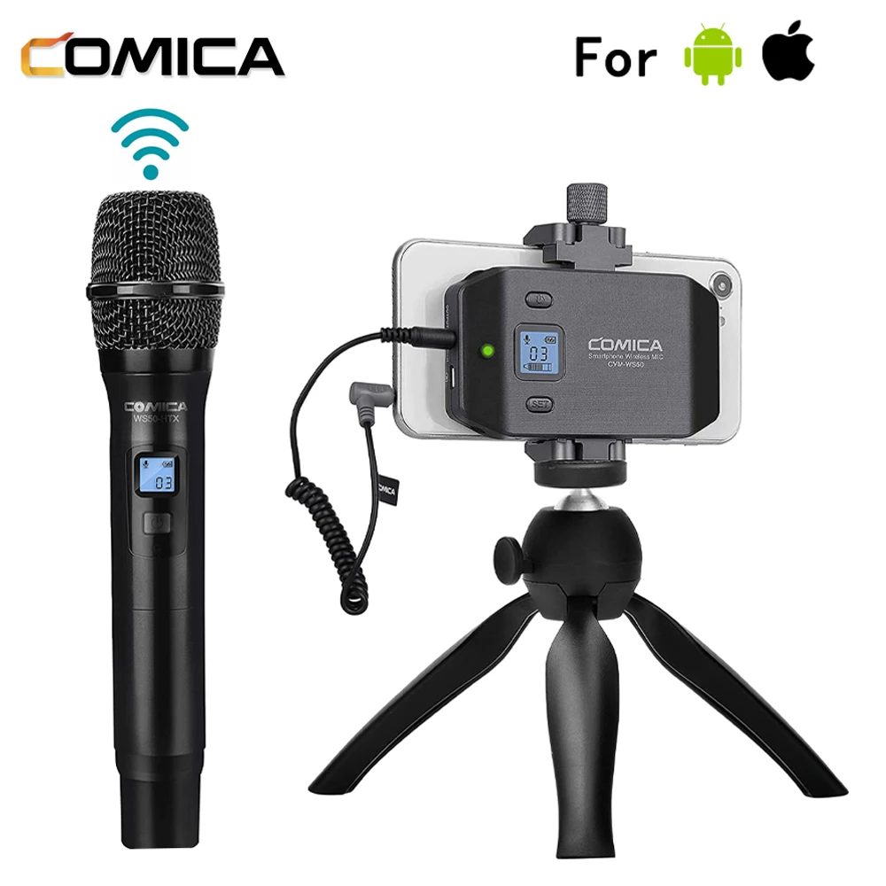 

COMICA CVM-WS50H Professional Wireless Microphone 6 Channels Condenser Microphone Rechargeable Mic With Tripod for Mobile Phone