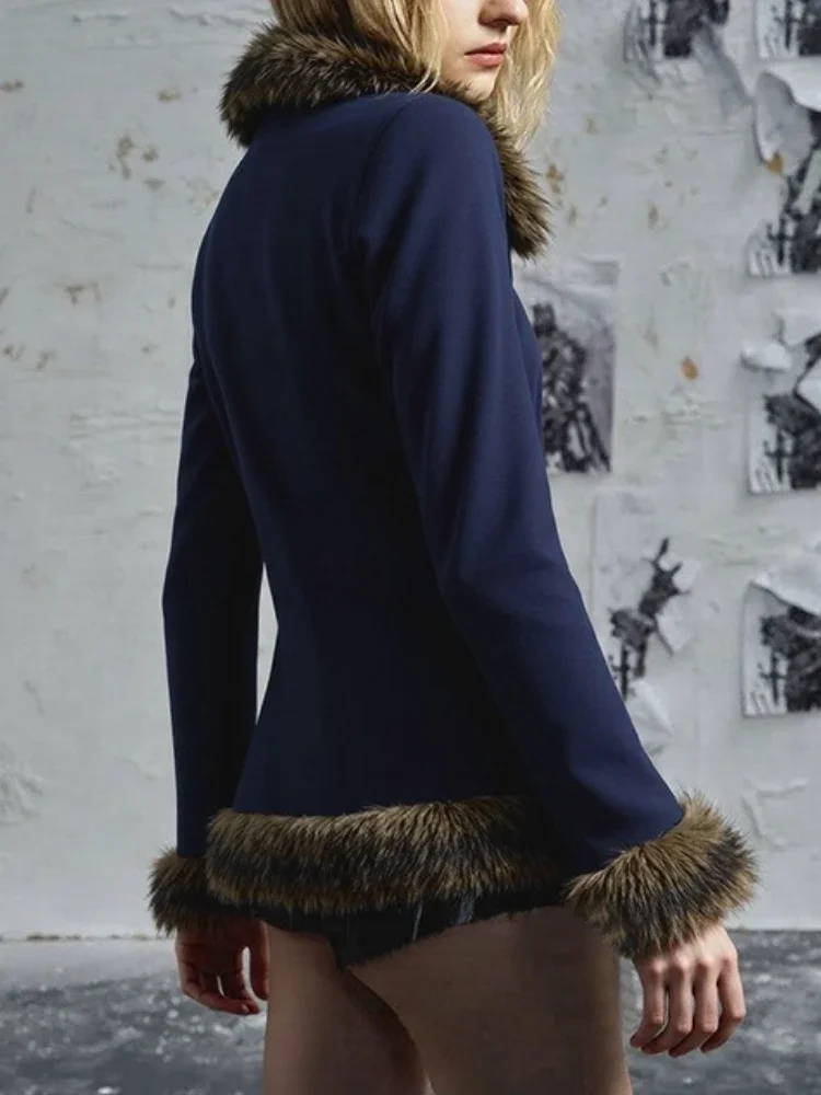 V ネック毛皮フェザーカーディガンジャケット女性のためのスリムパッチワークテーパードウエストストリートオーバーコートコート女性のファッションジャケット