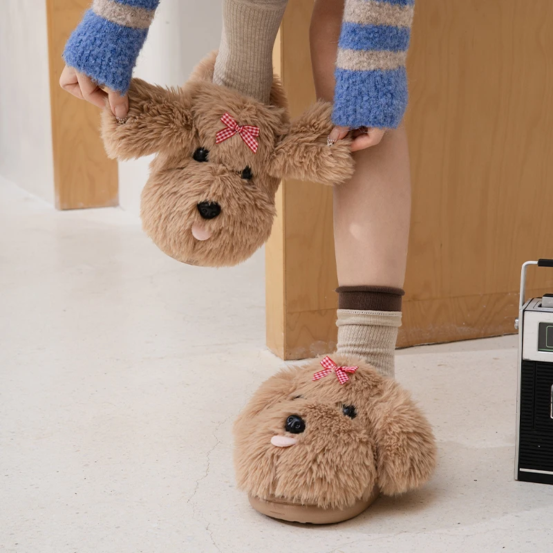 

Милые хлопковые тапочки с изображением маленькой собачки, женские, утепленные, для дома, велюровые, противоскользящие, зимние, теплые, удобные домашние тапочки