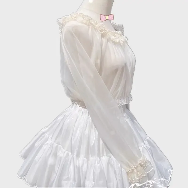 بلوزات نسائية يابانية على الطراز الفيكتوري مكشكشة من الدانتيل كاواي لوليتا نمط رقبة دائرية نحيفة داخل القمم صيفية لطيفة شفافة من خلال القمصان