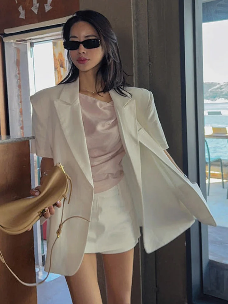 Asymmetric Splicing Wide Leg Suit Jacket Women's Chic Two Button Loose Lazy Style Slimming Shoulder Pad Short Sleeve Top