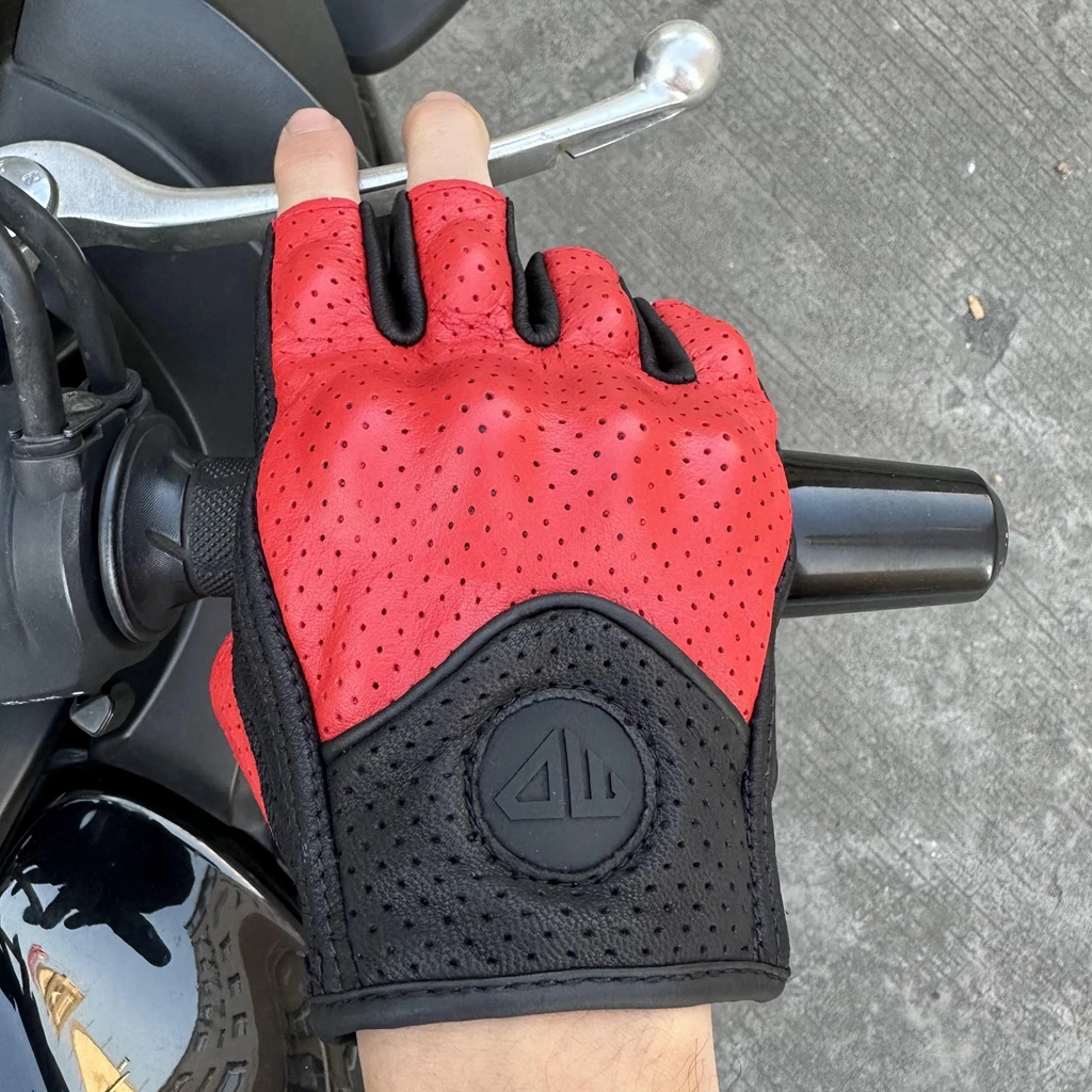 Leather Motorcycle Gloves Breathable Motocross Riding Gloves Moto Sports Racing All Season Guantes Red Half Finger Luva Motor