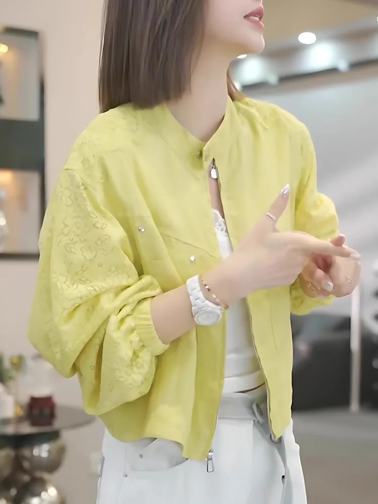 

Модная желтая куртка с воротником-стойкой, плотная, с защитой от солнца, женская, весна-лето, новая, спортивная, топ-жакет