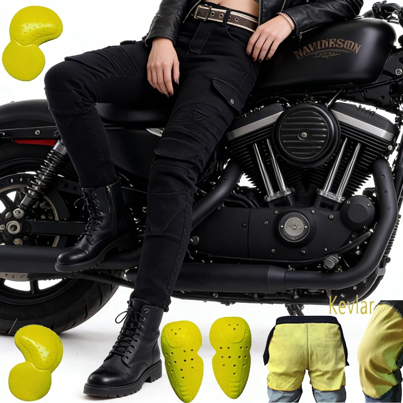 

Spring Autumn Kevlar Motorcycle Riding Pants Women Aramid Motocross Racing Jeans Protective Wear Resistant Gear pockets 06
