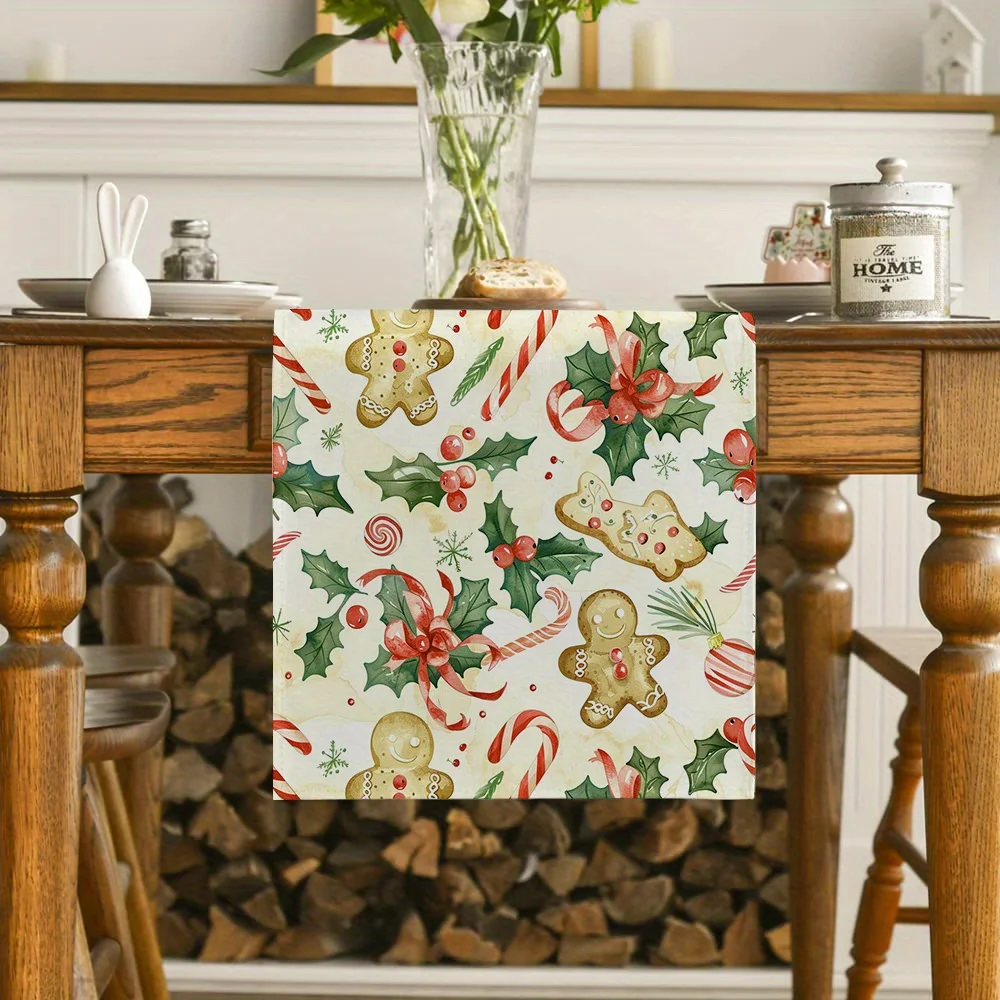 Christmas Gingerbread Man Print Linen Table Runner Party Decor Winter Xmas Holly Berry Dining Table Runners Christmas Decoration