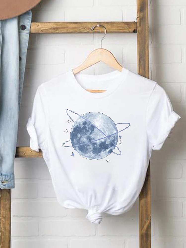 New Space Pink Planet Rose Ladies Clothes Casual Short Sleeve Tshirt T Shirt O-neck Loose Summer White Tee Top Print B